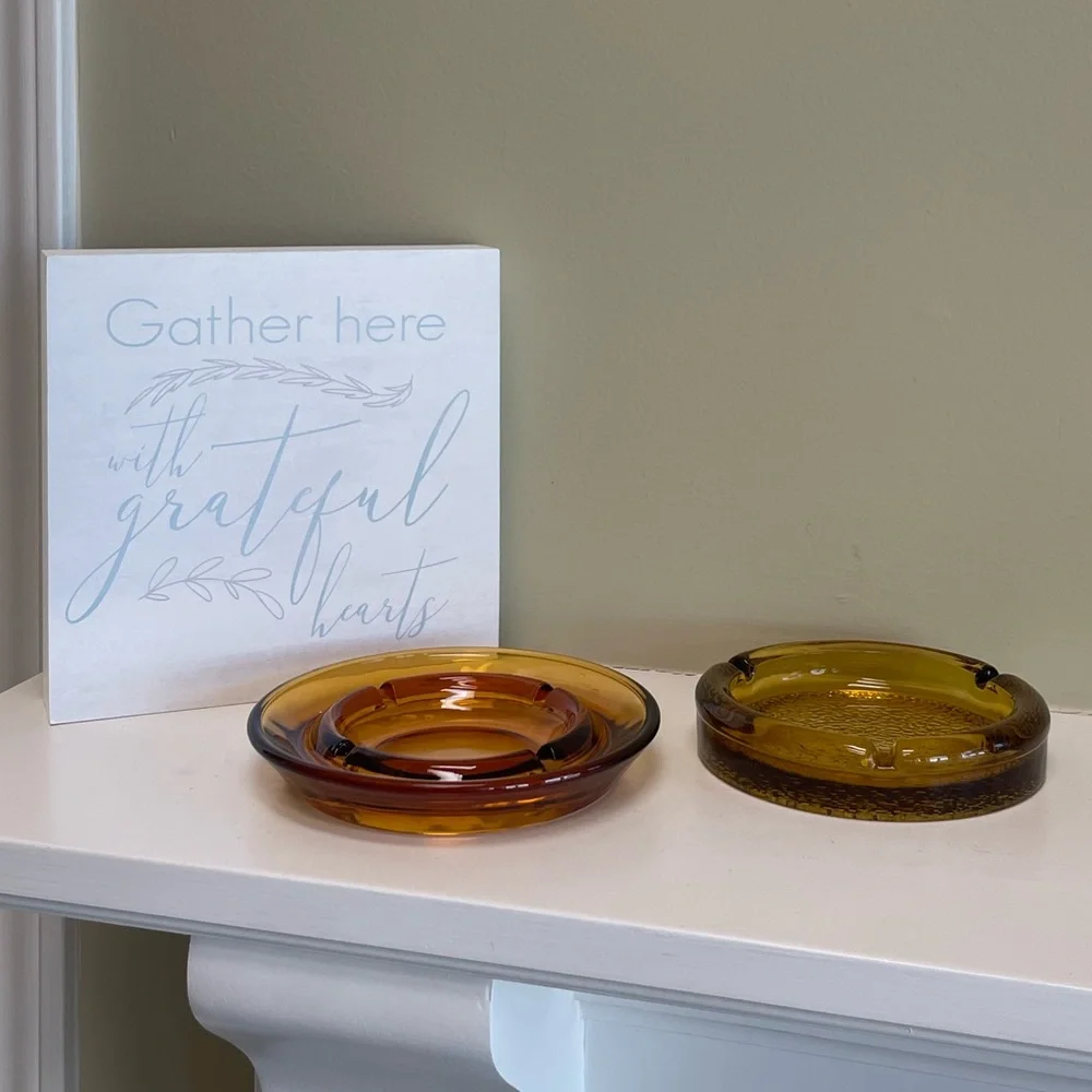 Vintage Ashtrays Beautiful Heavyweight Collectors Set 2 Pc Brown Amber Glass